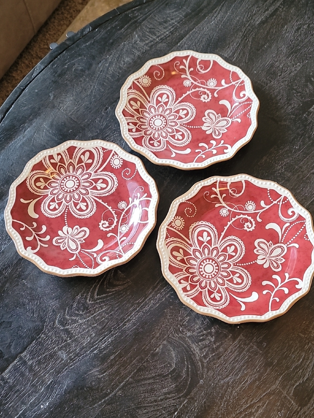 3 Pier 1 Import Maribeth Red / Cranberry and Cream Floral Ironstone Salad Plates